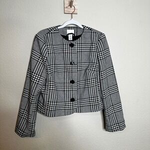 HM Womens Black White Glen Plaid Houndstooth Collarless Jacket Size M New Preppy